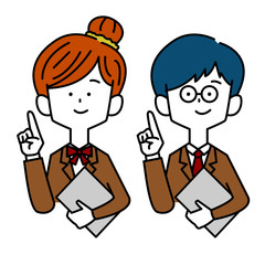 ノートPC片手に指差しする学生男女