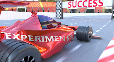 Naklejka premium Experiments and success - pictured as word Experiments and a f1 car, to symbolize that Experiments can help achieving success and prosperity in life and business, 3d illustration