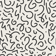 Fototapeta na wymiar Vector seamless jumble geometric lines memphis pattern. Abstract trendy background. Hand drawn texture in doodle style