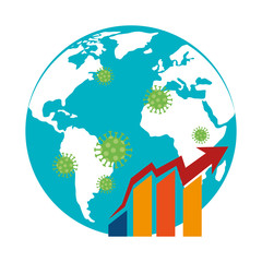 planet earth with covid19 particles and statistics arrows vector illustration design