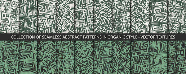 Set of 20 vector seamless organic rounded jumble maze lines patterns in green colors. Abstract backgrounds