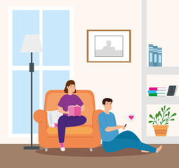 young couple reading book in livingroom vector illustration design