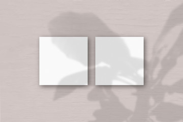 2 square sheets of white textured paper on the pink grey wall background. Mockup overlay with the plant shadows. Natural light casts shadows from an exotic plant. Flat lay, top view
