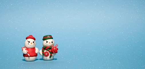 Winter Holidays background with a snowman, Gifts, snow and snowflakes