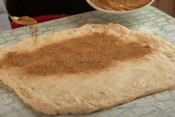 female cook preparing a dessert roll with cinnamon. Add cinnamon to a teaspoon on a layer of butter dough. homemade baking