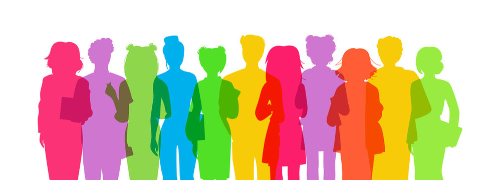 Young people student bright colorful overlay, flat silhouette set. Multicolored, group man womans casual clothes. Different nations representatives, gadgets in hand. Isolated vector illustration