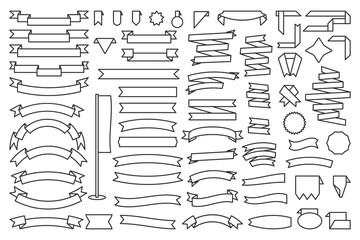 Black line ribbon set. Decorative outline banner tape. Empty different shape simple ribbons template. Collection contour retro flag text price tag, sale label. Isolated on white vector illustration