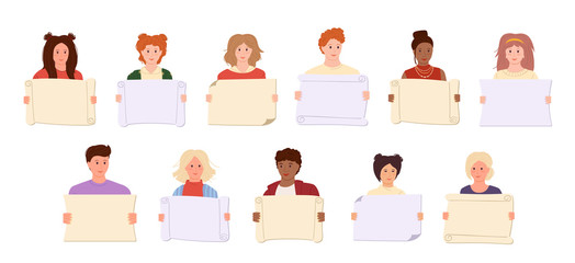 Different nations representatives taking part in parade. Group man, woman student protesters activists. Cartoon set young multiracial people holding banner, empty frame for text. Vector illustration