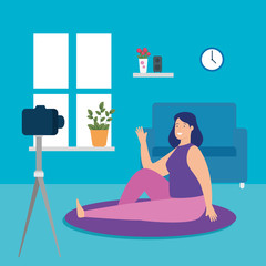 woman practicing yoga online in living room vector illustration design