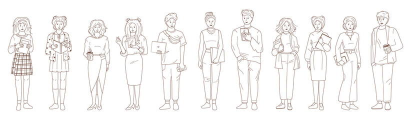 Young people student set. Line black and white. Outline group man womans casual clothes laptop, smartphone. Different nations representatives with gadgets hand. Isolated on white vector illustration