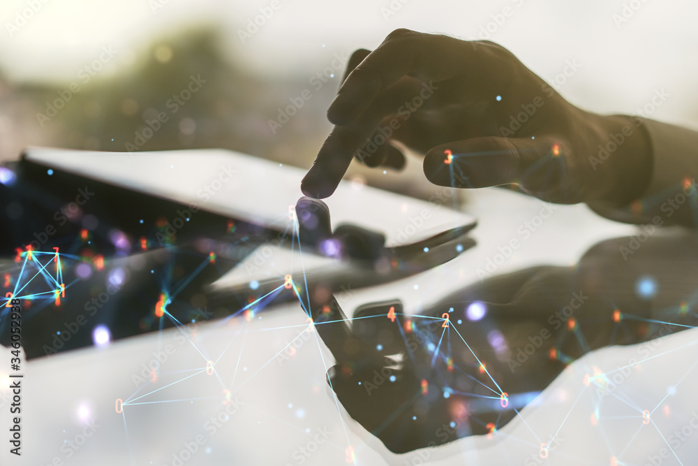 Aufkleber creative abstract wireless technology hologram and finger presses on a digital tablet on background,