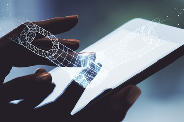 Double exposure of blockchain technology with handshake hologram and finger clicks on a digital...