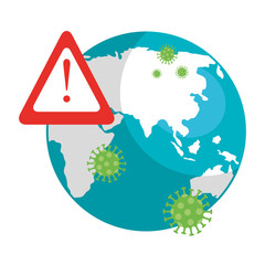 planet earth with covid19 particles and alert symbol vector illustration design