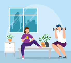 young couple drinking coffee and lifting dumbbells vector illustration design