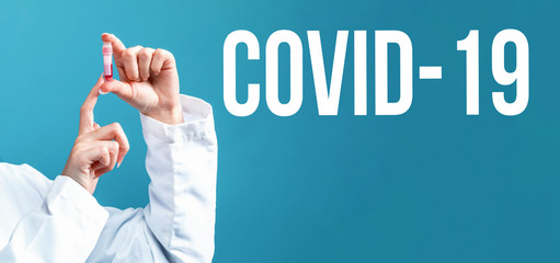 COVID-19 Coronavirus theme with a doctor holding a laboratory vial on a blue background