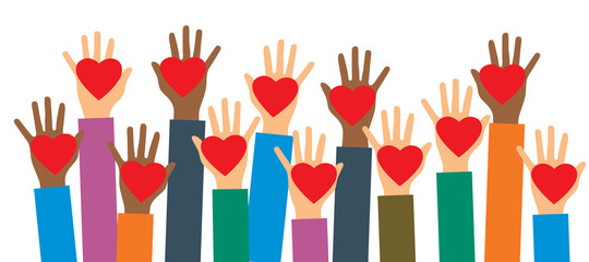 Hands of volunteers. Hands with heart in vector illustration. Charity, donation and volunteer work.Caring, love and a good hearted community support the poor, the homeless, the disabled.