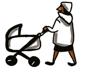 mother walking with kid in  baby carriage isolated on white