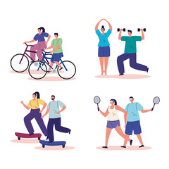 group people practicing exercise avatar characters vector illustration design