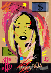 
Girl with dollar money bills, vector watercolor with text.