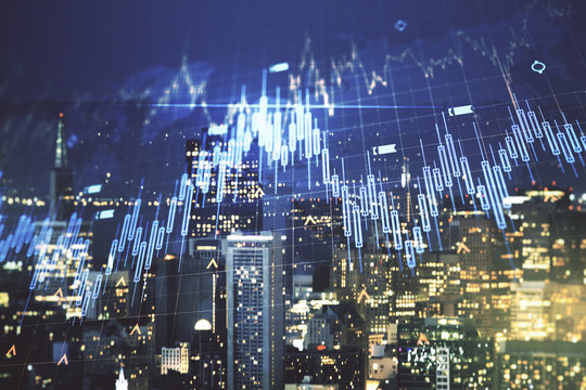 Multi exposure of abstract financial diagram and world map on San Francisco office buildings background, banking and accounting concept