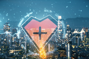 Abstract virtual concept of heart pulse illustration on San Francisco skyline background. Medicine and healthcare concept. Multiexposure