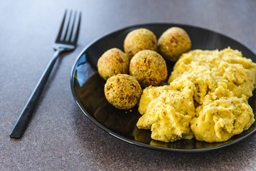 plant-based food, vegan chickpea falafels and polenta