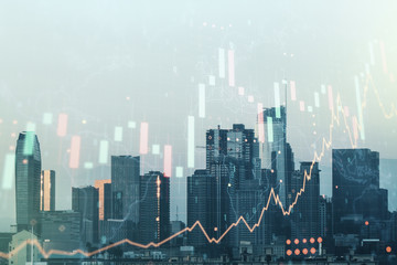 Abstract creative financial graph interface and world map on Los Angeles skyline background, forex and investment concept. Multiexposure