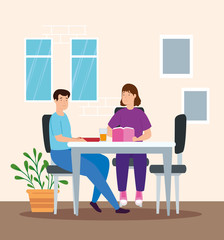 young couple eating and reading vector illustration design