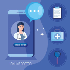 doctor female in smartphone with app of medicine online and icons vector illustration design