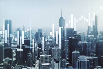 Abstract virtual financial graph hologram on Chicago skyline background, forex and investment concept. Multiexposure