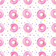 Seamless pattern colorful donut watercolor. Glazed, dessert, bakery, pastry, confectionery, confetti, confectionery sprinkles. Doughnut print, background. Isolated on white background