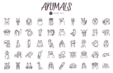 50 Animals line style icon set vector design