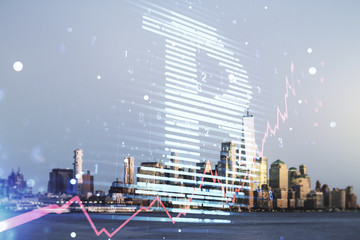Fototapeta na wymiar Double exposure of creative Bitcoin symbol hologram on New York city skyscrapers background. Cryptocurrency concept