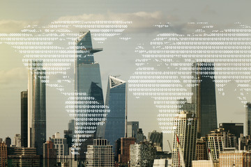 Double exposure of abstract digital world map on New York city skyscrapers background, research and strategy concept