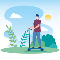 landscape with man using face mask in scooter vector illustration design