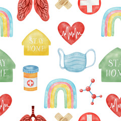 Watercolor seamless pattern. Watercolor hand drawn pattern with medical supplies. Health care background. Background with medical attributes.