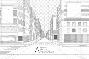 Deurstickers Architecture building construction perspective design,abstract modern urban street building line drawing. © yewkeo