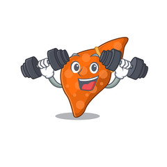 Mascot design of smiling Fitness exercise human hepatic liver lift up barbells
