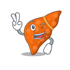 Happy human hepatic liver cartoon design concept with two fingers