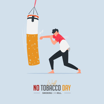 May 31st World No Tobacco Day poster design. A man punching a boxing sandbag defines to a man is fighting to quit smoking. Stop smoking poster for awareness campaign. No smoking banner. Cartoon Vector