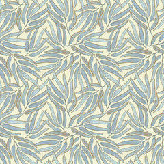 Watercolor seamless pattern of blue twigs with a Golden outline on a light beige background. For textiles, invitations, wedding design.