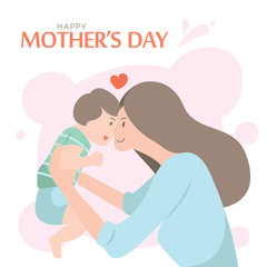 Happy Mother's Day greeting card with lovely mother holding little son / daughter. Flat illustration.