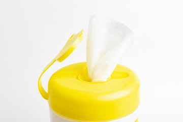 Open Yellow Top Cap Of A Disinfectant Wipes Plastic Container