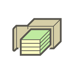 Solid wood flooring product in box package icon. That is floor finishing material made from single piece of wood and natural 100% wood product. Include tongue and groove for joining with other.
