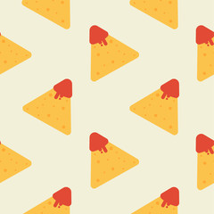 Tasty colorful crispy mexican nachos seamless pattern. Nice spanish fastfood texture for textile, wallpaper, background, cover, banner, bar and cafe menu design