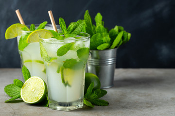 Two homemade lemonade or mojito cocktail with lime, mint and ice cubes in a glass on a dark stone table. Fresh summer drink. With copy space.