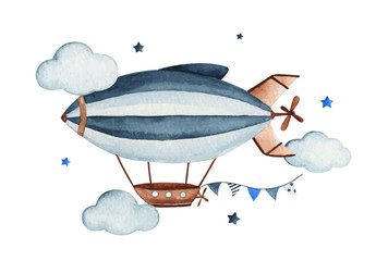 Cute watercolor sky scene with air zeppelin, garland, clouds and stars, watercolor hand drawn illustration © R&A Studio