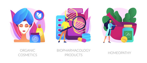 Skincare and healthcare, natural pharmacological products, disease prevention. Organic cosmetics, biopharmacology products, homeopathy metaphors. Vector isolated concept metaphor illustrations.