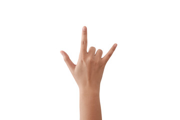 Woman hand showing rock 'n roll sign on Isolated white background. Hand giving the devil horns gesture.