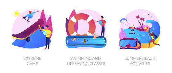 Fototapeta premium Active hobby and recreation flat icons set. Summer leisure. Extreme camp, swimming and lifesaving classes, summer beach activities metaphors. Vector isolated concept metaphor illustrations.